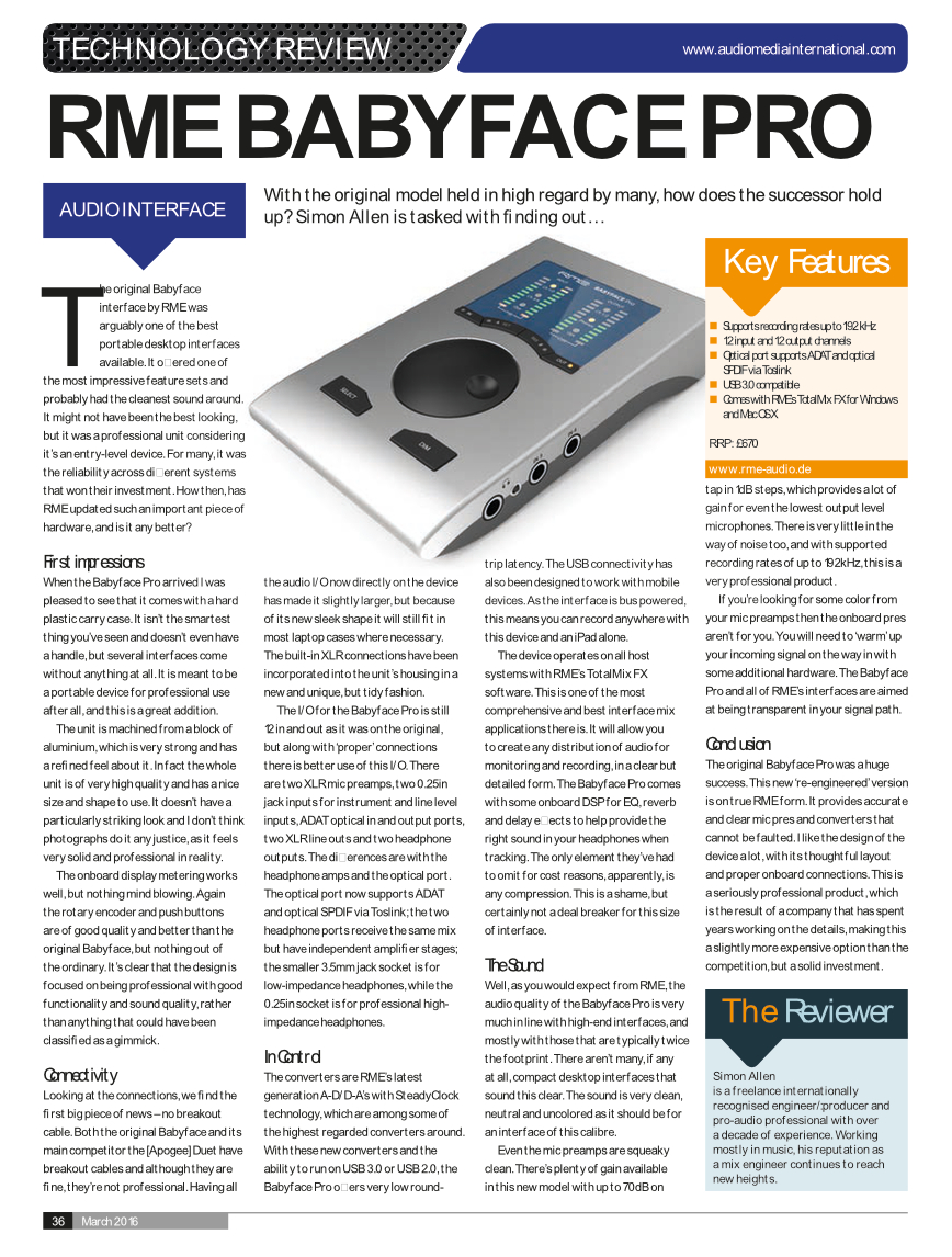 RME Babyface Pro Review - Audio Media International - March 2016 Issue - p36