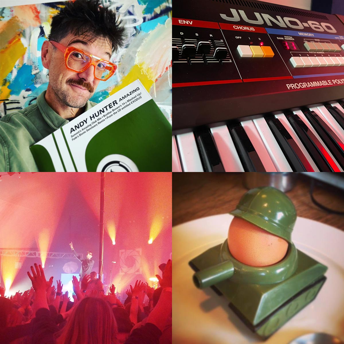 Clockwise: DJ Andy Hunter, Juno-60 synthesizer, boiled egg tank and performing live