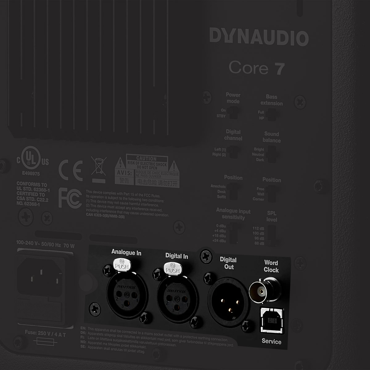 Angled closeup of the Dynaudio Core 7 back panel with connections highlighted