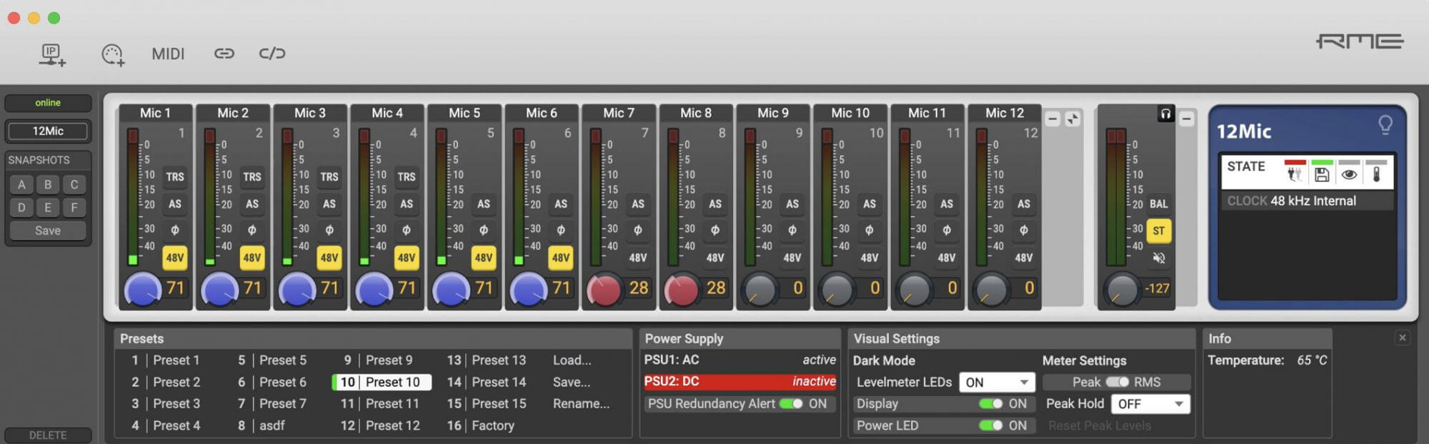 Screenshot of the RME Connector app controlling an RME 12Mic preamp