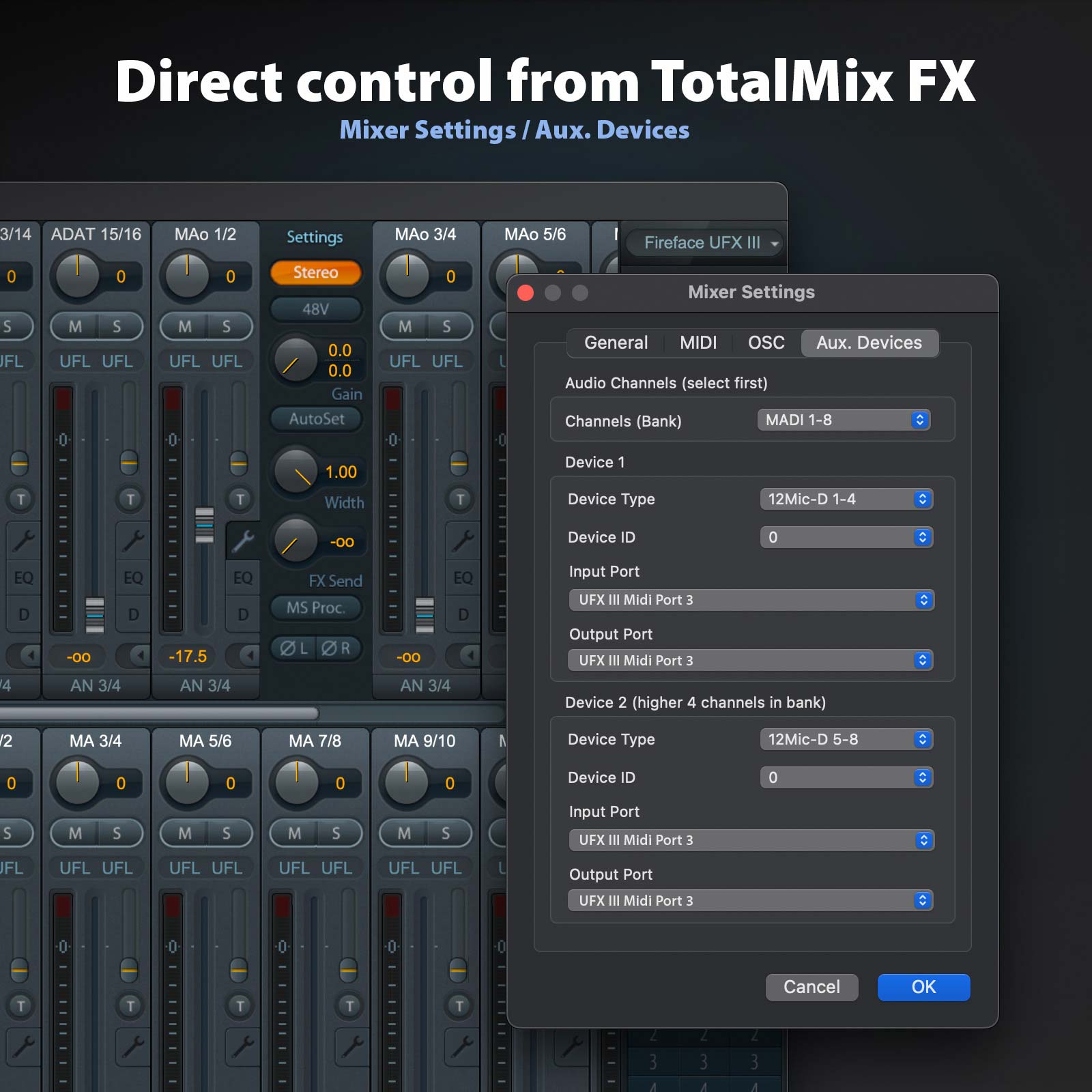 Settings > Aux. Devices tab highlighted over TotalMix FX