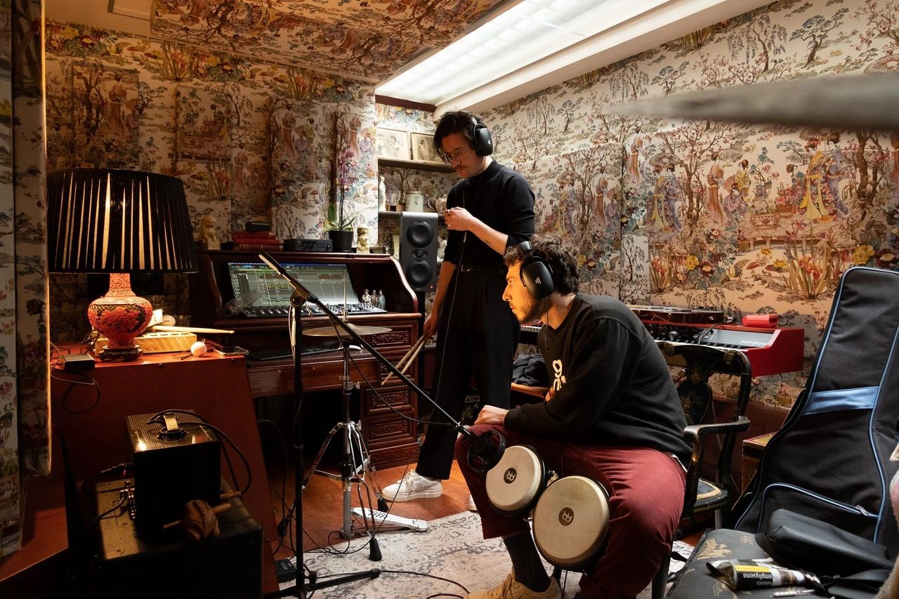 Two musicians recording in the Thin White Duke Kyoto room