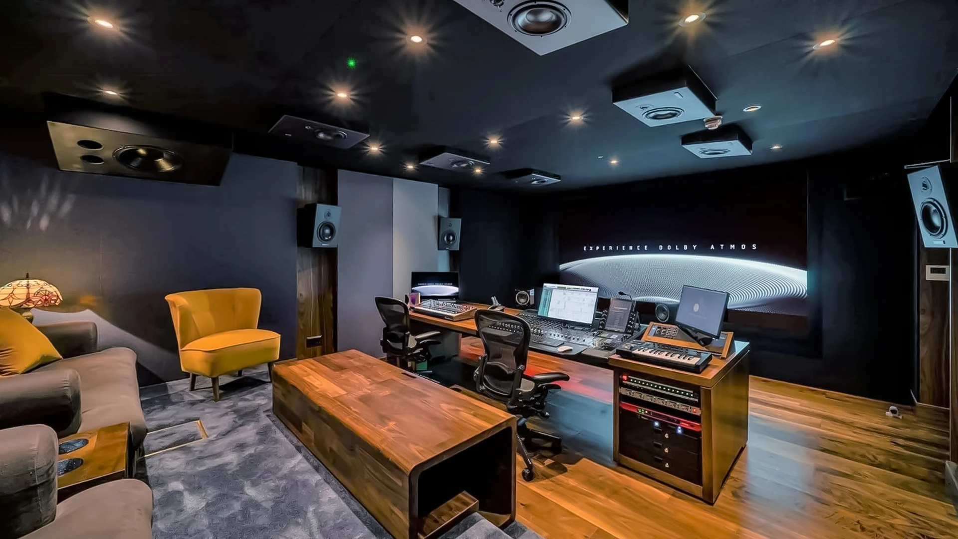 Recording studio with Dynaudio Acoustics M-series Dolby Atmos rig